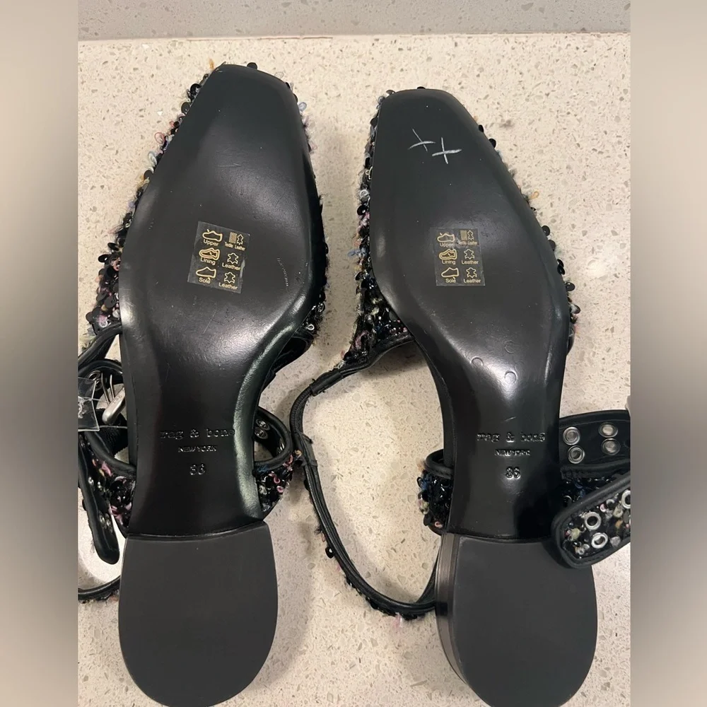NWOB Rag & Bone Astra Black Boucle & Sequin Slingback Flat Shoes Size 36 US 6
